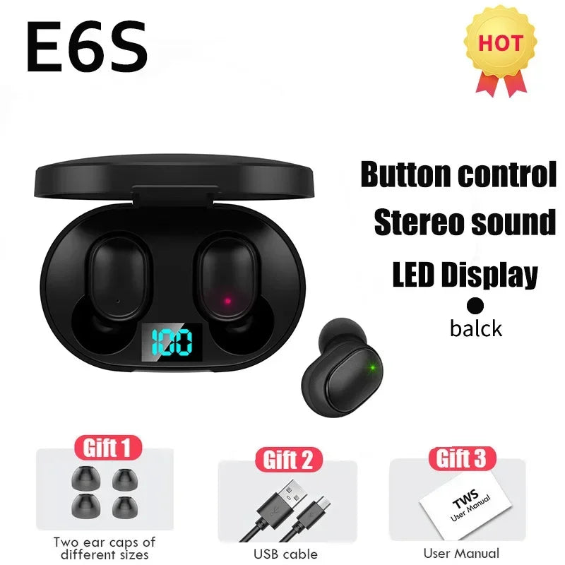 TWS E6S Wireless Bluetooth Earbuds – Noise-Cancelling Headphones with Microphone