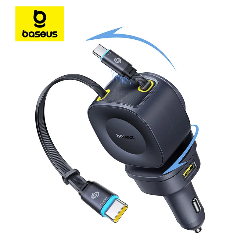 Multi-Port Car Charger – 30W–240W Fast Charging with Dual Retractable USB-C Cables