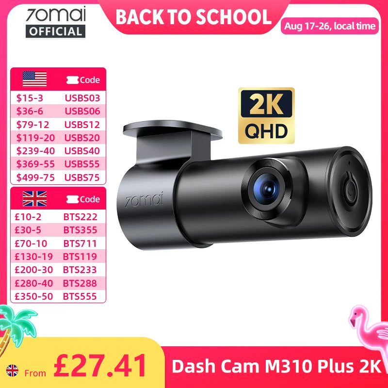 70mai M310 Plus 2K Dash Cam – 1440P HD, 143° Wide-Angle View, Night Vision & Voice Control