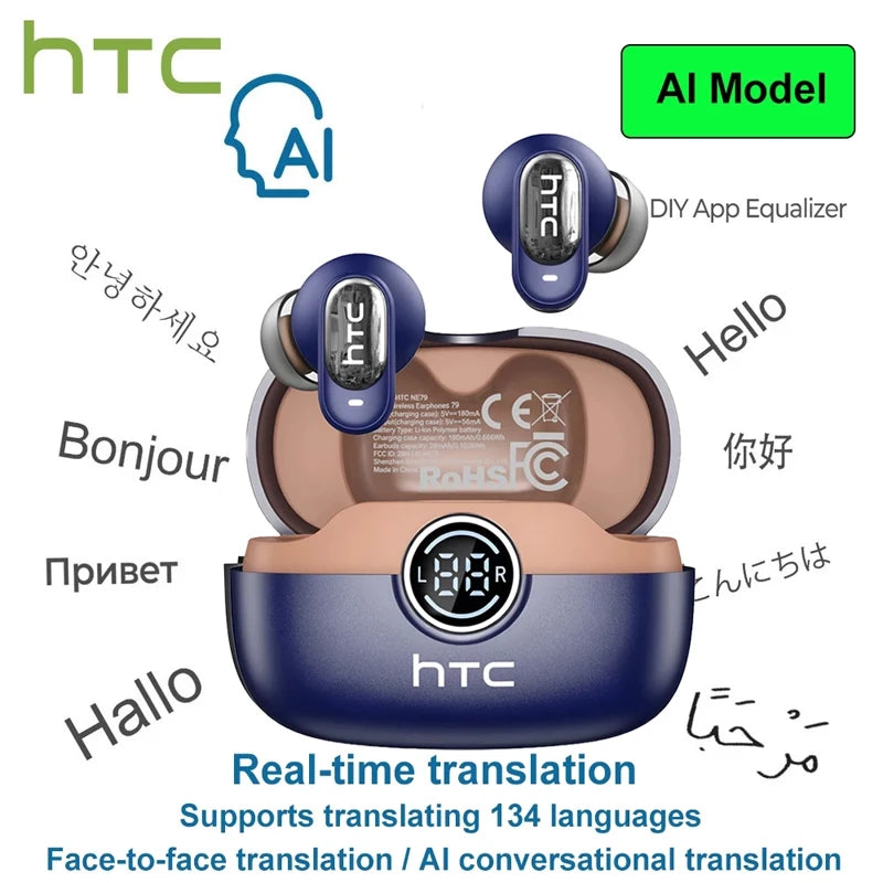 HTC NE79 Real-Time Translation Earbuds – Bluetooth Wireless Earphones with AI Call Noise Reduction & LED Display