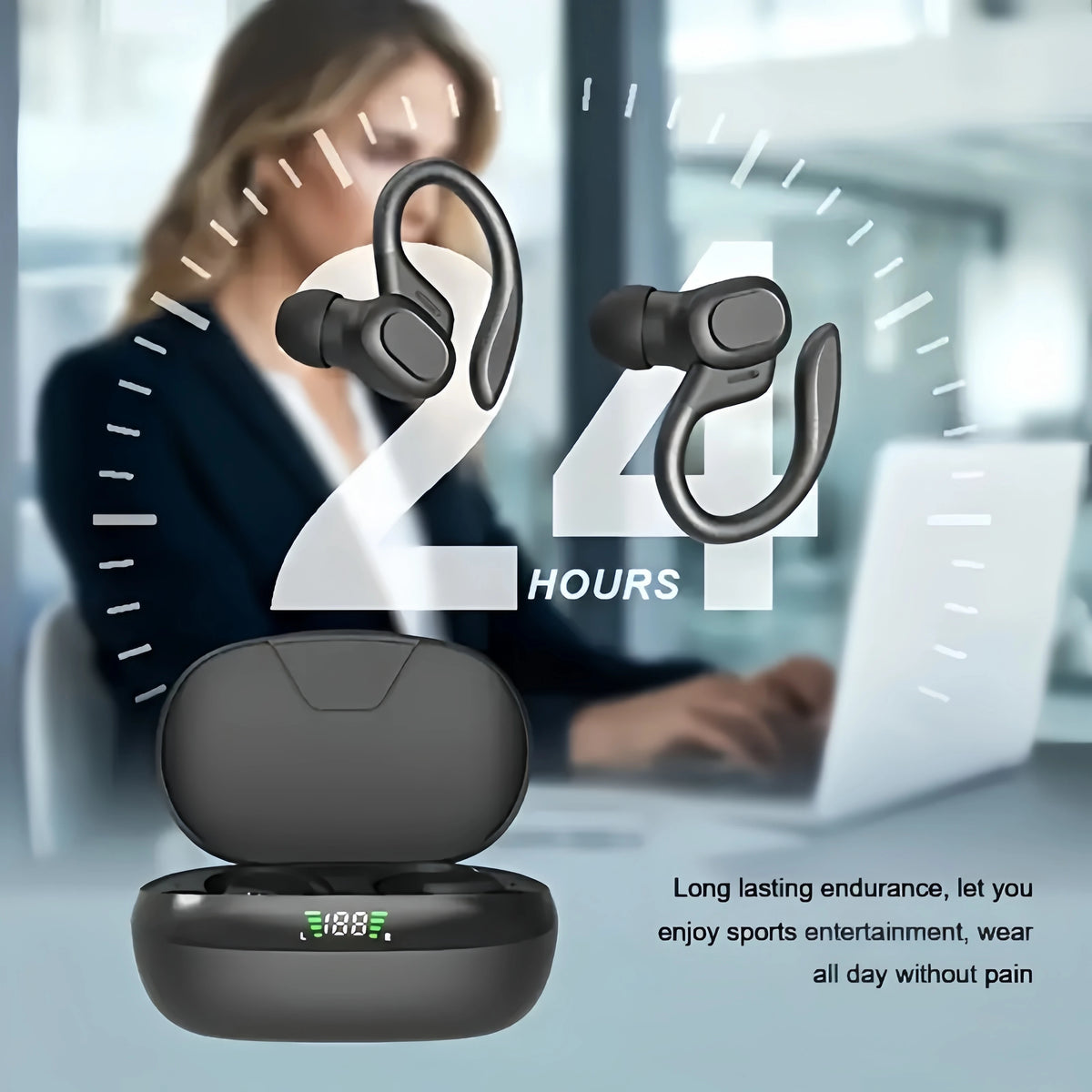 True Wireless Sports Earbuds – Bluetooth Ear Hook Headphones with ANC, Microphone & LED Display
