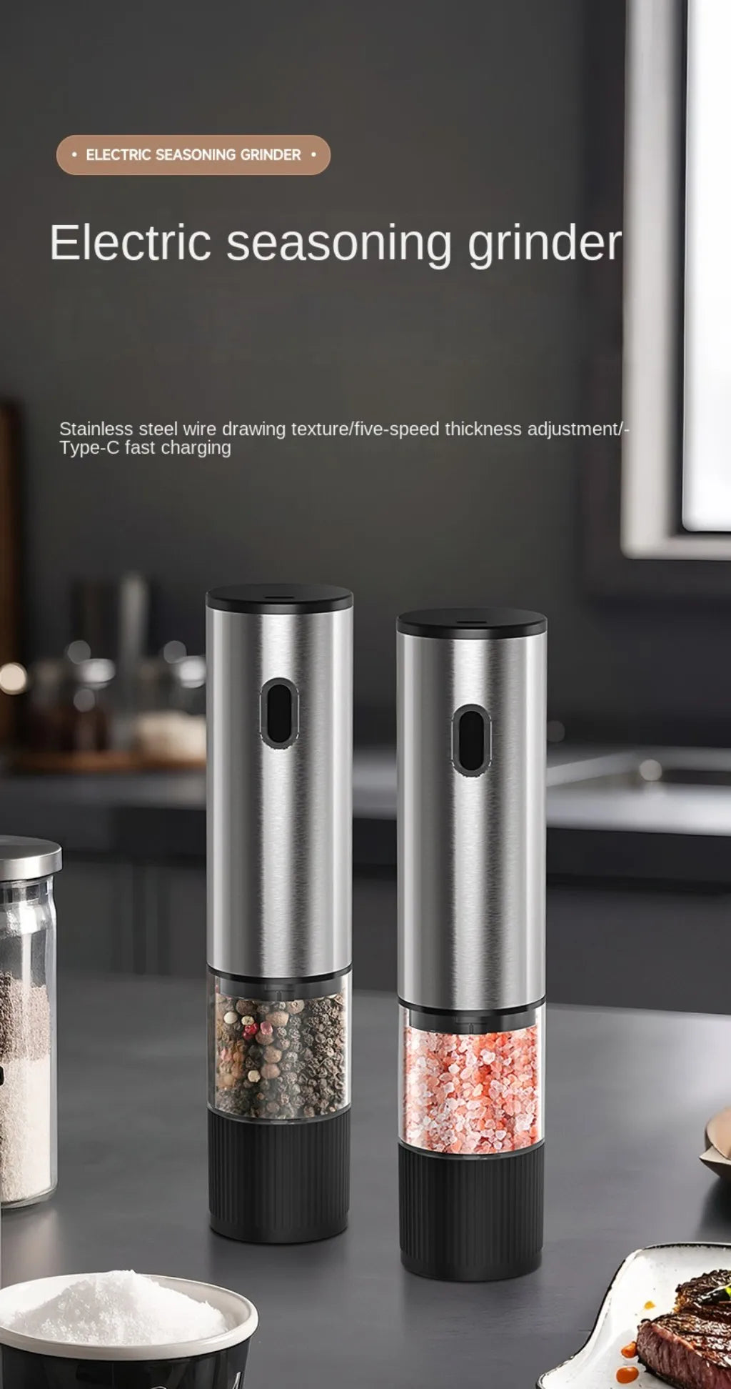 Electric Salt & Pepper Grinder – Rechargeable Automatic Pepper Mill with Adjustable Coarseness