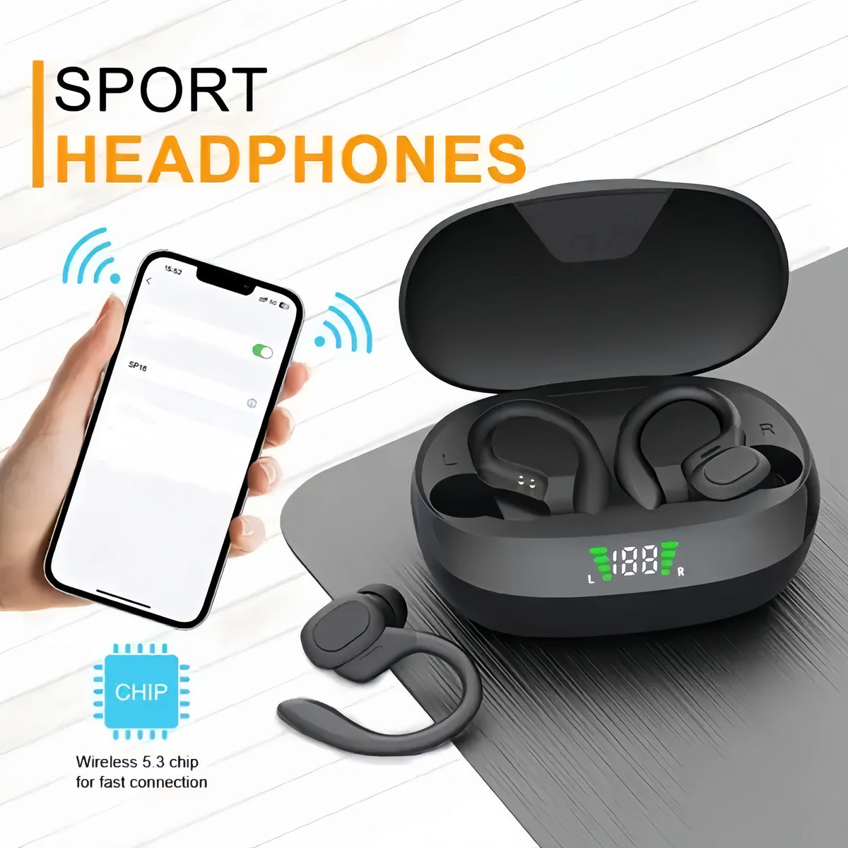 True Wireless Sports Earbuds – Bluetooth Ear Hook Headphones with ANC, Microphone & LED Display
