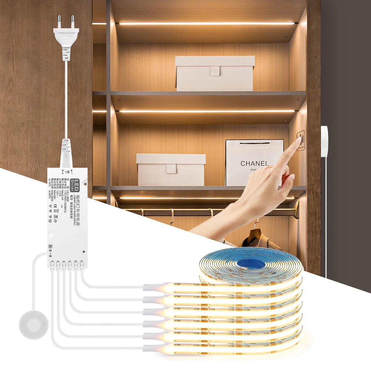 Dimmable LED Cabinet Light – COB Strip with Touch & Motion Sensor Switch