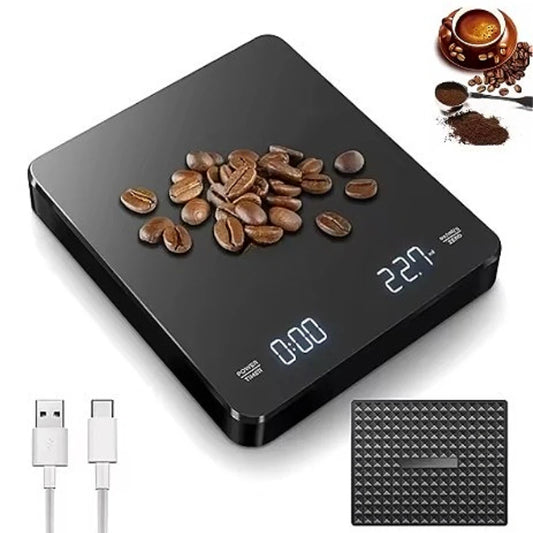 Digital Coffee Scale with Timer – LED Display, Silicone Pad & USB Charging