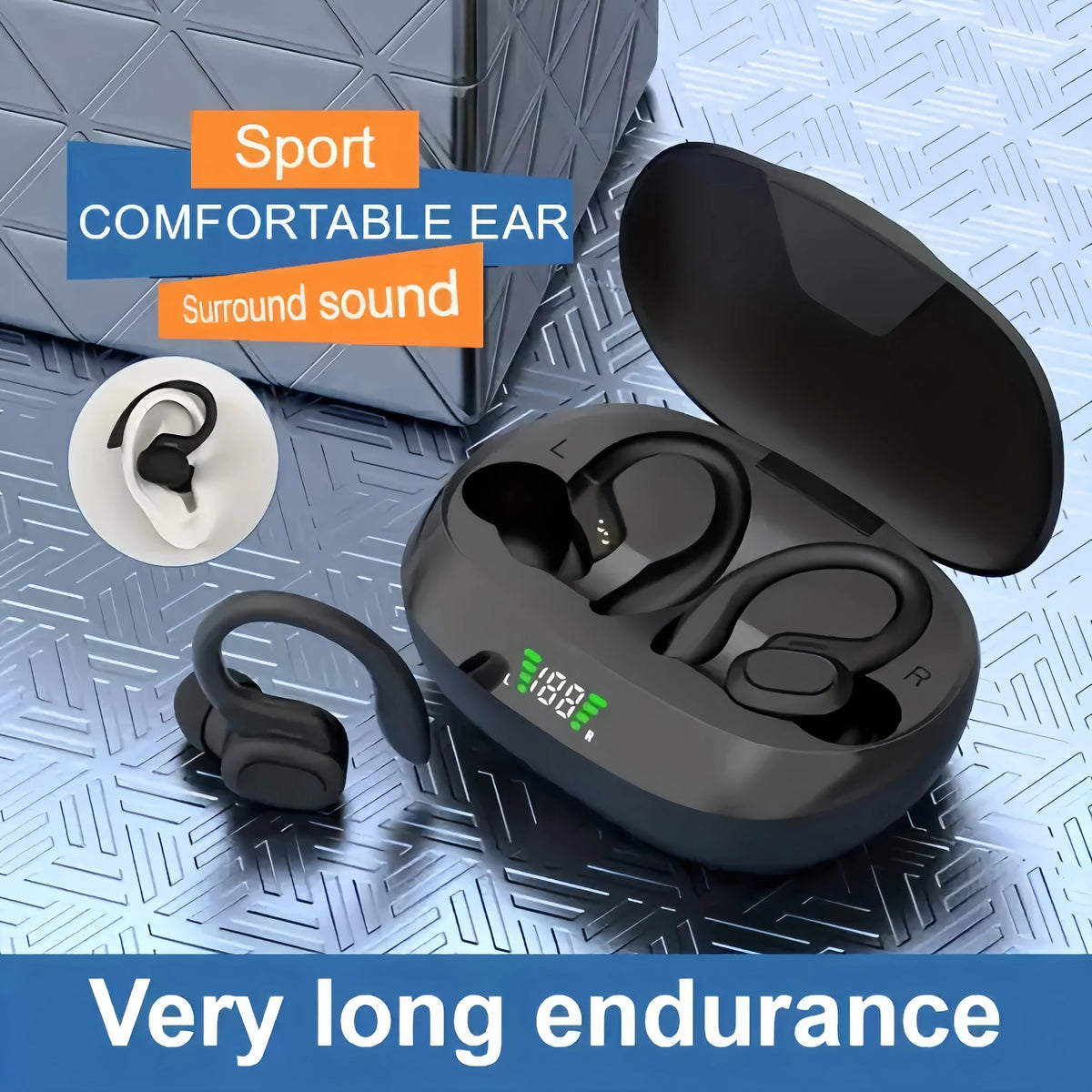 True Wireless Sports Earbuds – Bluetooth Ear Hook Headphones with ANC, Microphone & LED Display